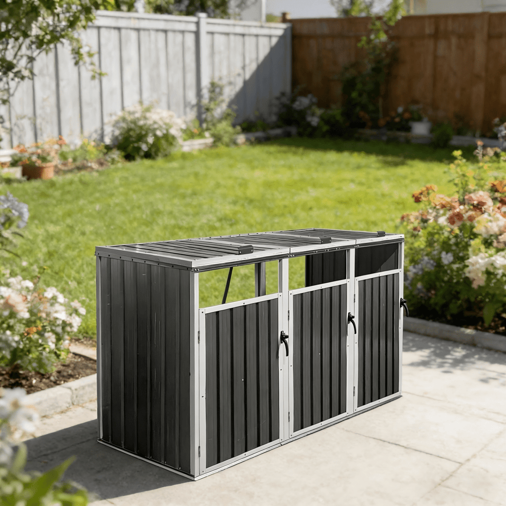 Storage Outdoor Grey Metal 3 Bin Trash Can Shed - Veteran Powered