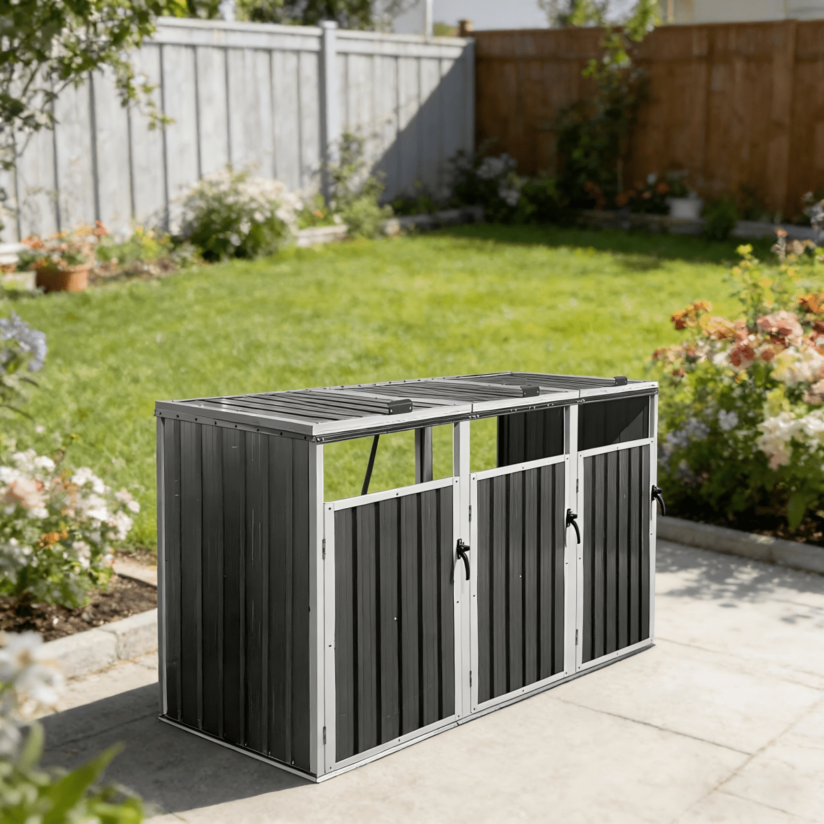 Storage Outdoor Grey Metal 3 Bin Trash Can Shed - Veteran Powered