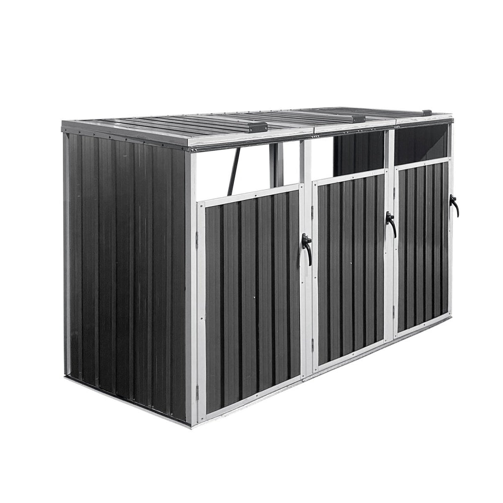 Storage Outdoor Grey Metal 3 Bin Trash Can Shed - Veteran Powered